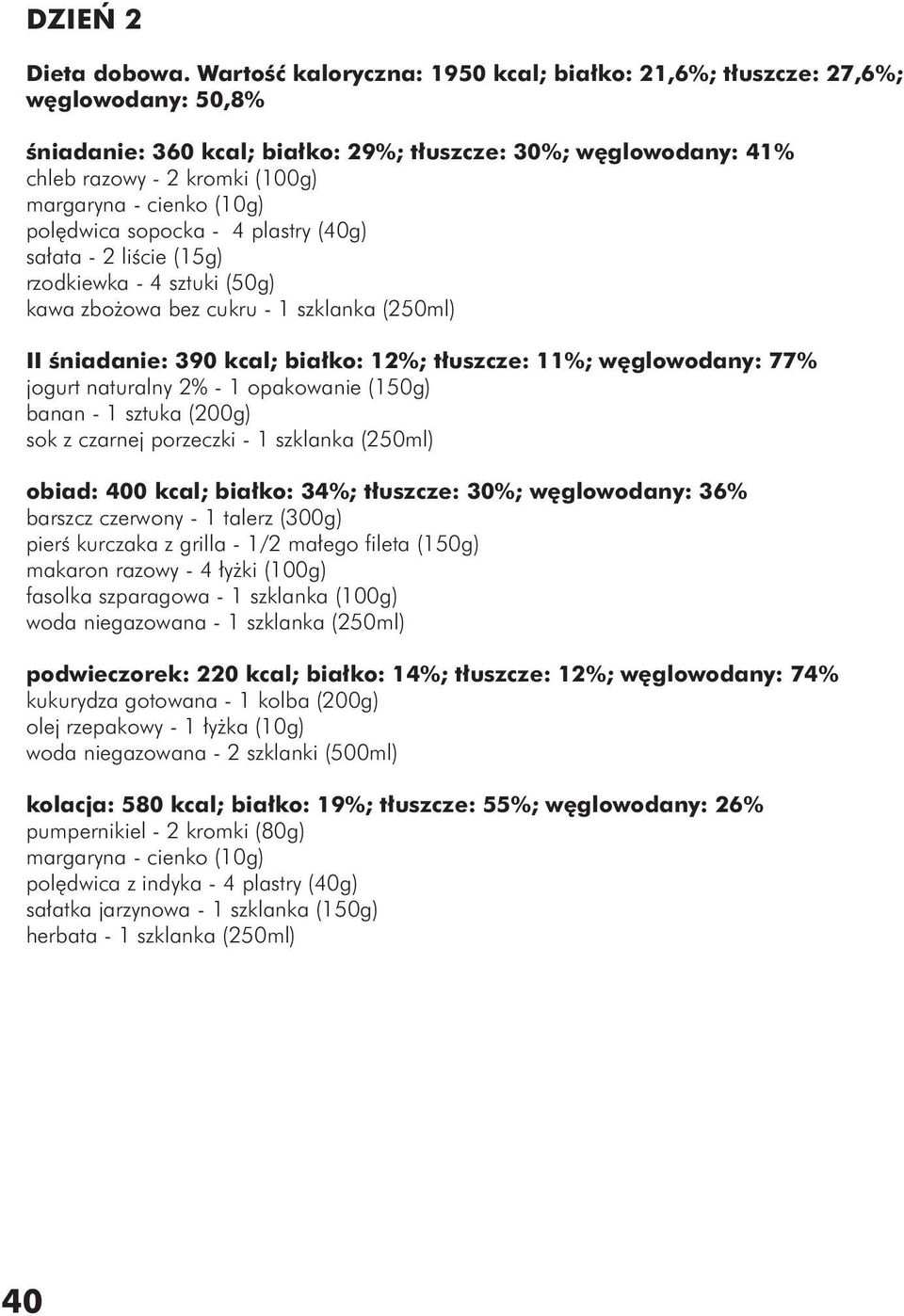 4 plastry (40g) sałata - 2 liście (15g) rzodkiewka - 4 sztuki (50g) kawa zbożowa bez cukru - 1 szklanka (250ml) II śniadanie: 390 kcal; białko: 12%; tłuszcze: 11%; węglowodany: 77% jogurt naturalny