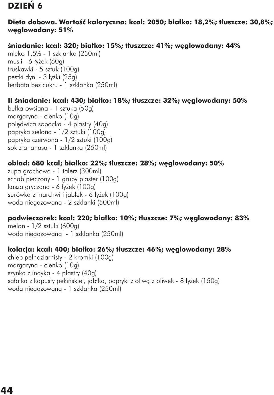 (60g) truskawki - 5 sztuk (100g) pestki dyni - 3 łyżki (25g) herbata bez cukru - 1 szklanka (250ml) II śniadanie: kcal: 430; białko: 18%; tłuszcze: 32%; węglowodany: 50% bułka owsiana - 1 sztuka