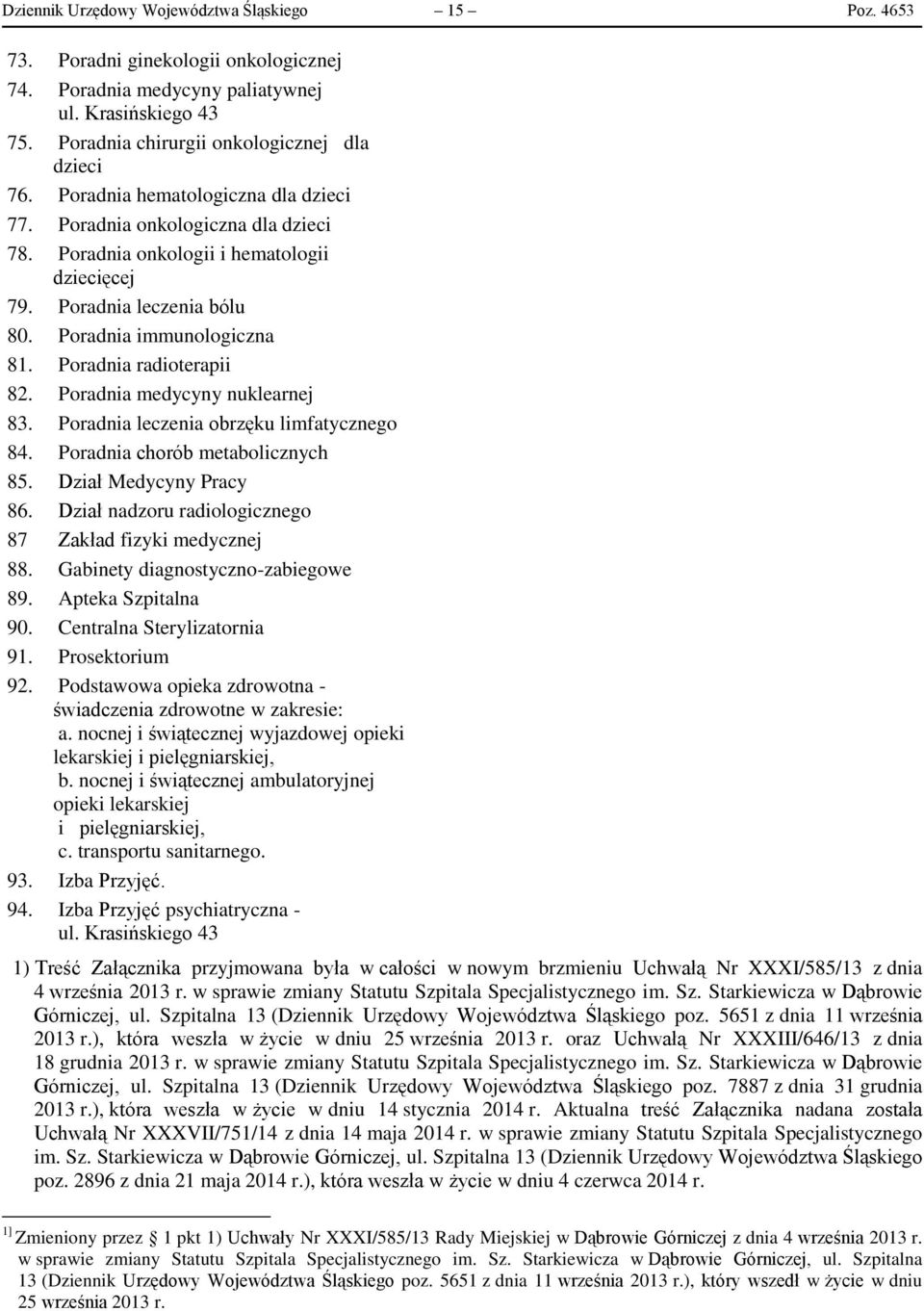 Poradnia radioterapii 82. Poradnia medycyny nuklearnej 83. Poradnia leczenia obrzęku limfatycznego 84. Poradnia chorób metabolicznych 85. Dział Medycyny Pracy 86.