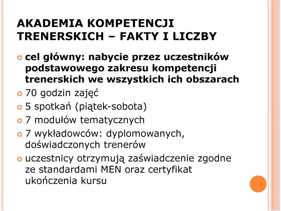 spotkań (piątek-sobota) 7 modułów tematycznych 7 wykładowców: dyplomowanych, doświadczonych