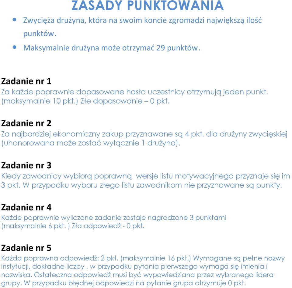 dla drużyny zwycięskiej (uhonorowana może zostać wyłącznie 1 drużyna). Zadanie nr 3 Kiedy zawodnicy wybiorą poprawną wersje listu motywacyjnego przyznaje się im 3 pkt.