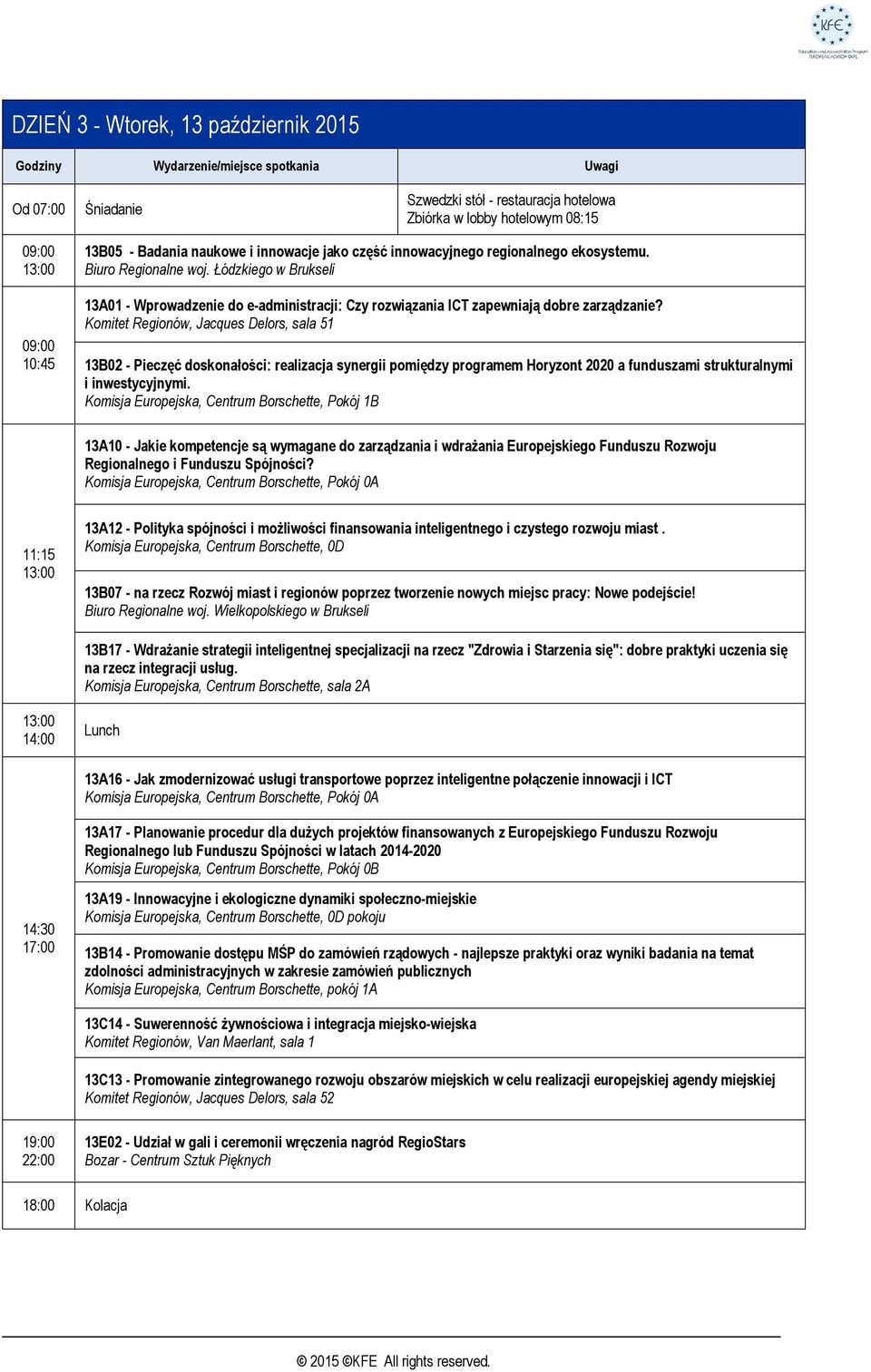 Komitet Regionów, Jacques Delors, sala 51 13B02 - Pieczęć doskonałości: realizacja synergii pomiędzy programem Horyzont 2020 a funduszami strukturalnymi i inwestycyjnymi.