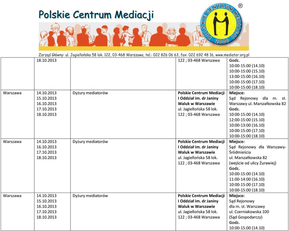 10) 10:00-13:00 (16.10) 10:00-15:00 (17.10) 10:00-15:00 (18.10) Sąd Rejonowy dla Warszawy- Śródmieścia ul.