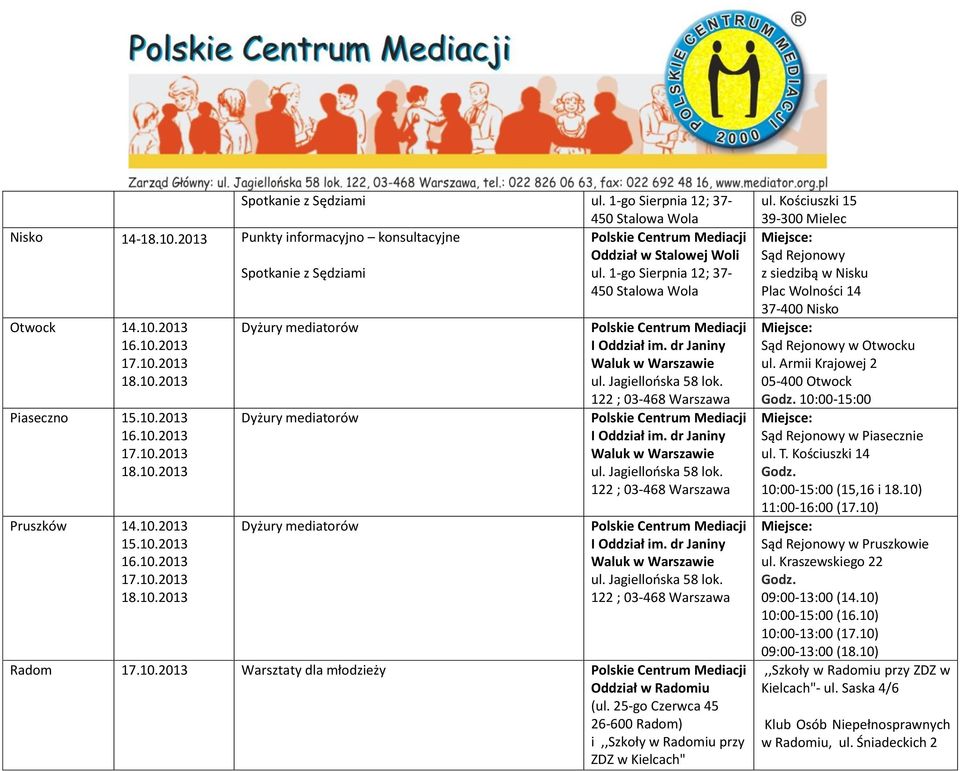 25-go Czerwca 45 26-600 Radom) i,,szkoły w Radomiu przy ZDZ w Kielcach" ul. Kościuszki 15 39-300 Mielec Sąd Rejonowy z siedzibą w Nisku Plac Wolności 14 37-400 Nisko Sąd Rejonowy w Otwocku ul.