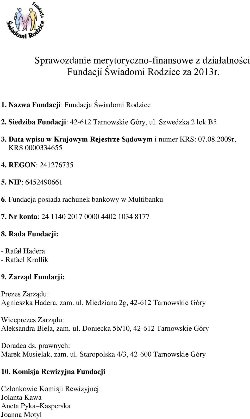 Nr konta: 24 1140 2017 0000 4402 1034 8177 8. Rada Fundacji: - Rafał Hadera - Rafael Krollik 9. Zarząd Fundacji: Prezes Zarządu: Agnieszka Hadera, zam. ul.