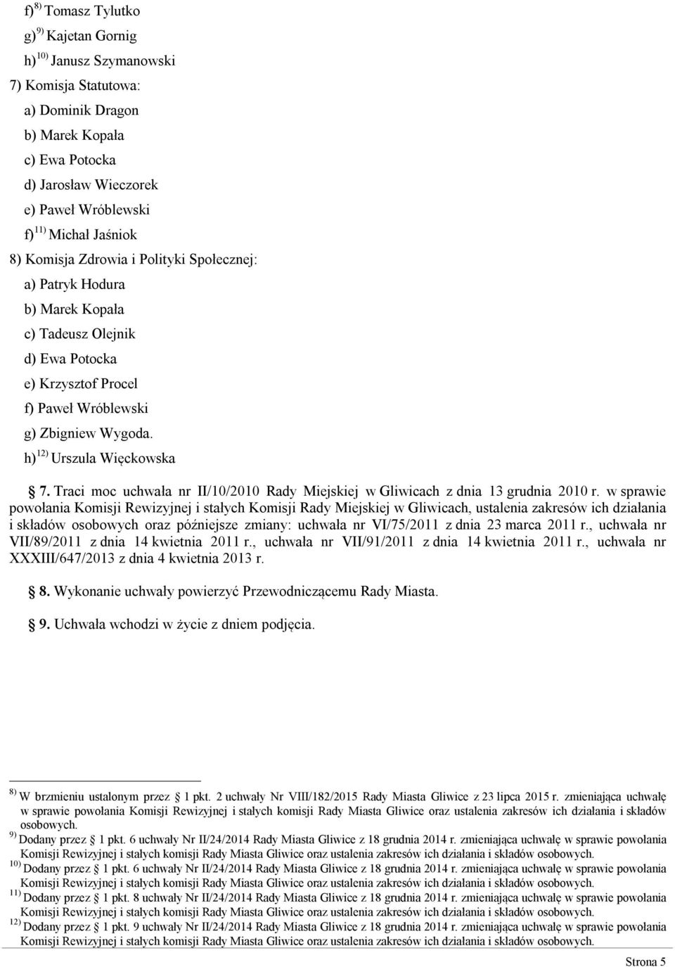 h) 12) Urszula Więckowska 7. Traci moc uchwała nr II/10/2010 Rady Miejskiej w Gliwicach z dnia 13 grudnia 2010 r.
