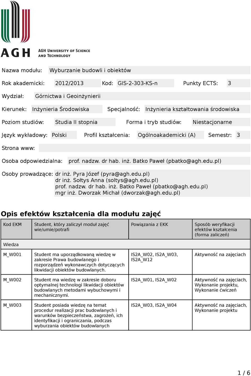 odpowiedzialna: prof. nadzw. dr hab. inż. Batko Paweł (pbatko@agh.edu.pl) Osoby prowadzące: dr inż. Pyra Józef (pyra@agh.edu.pl) dr inż. Sołtys Anna (soltys@agh.edu.pl) prof. nadzw. dr hab. inż. Batko Paweł (pbatko@agh.edu.pl) mgr inż.