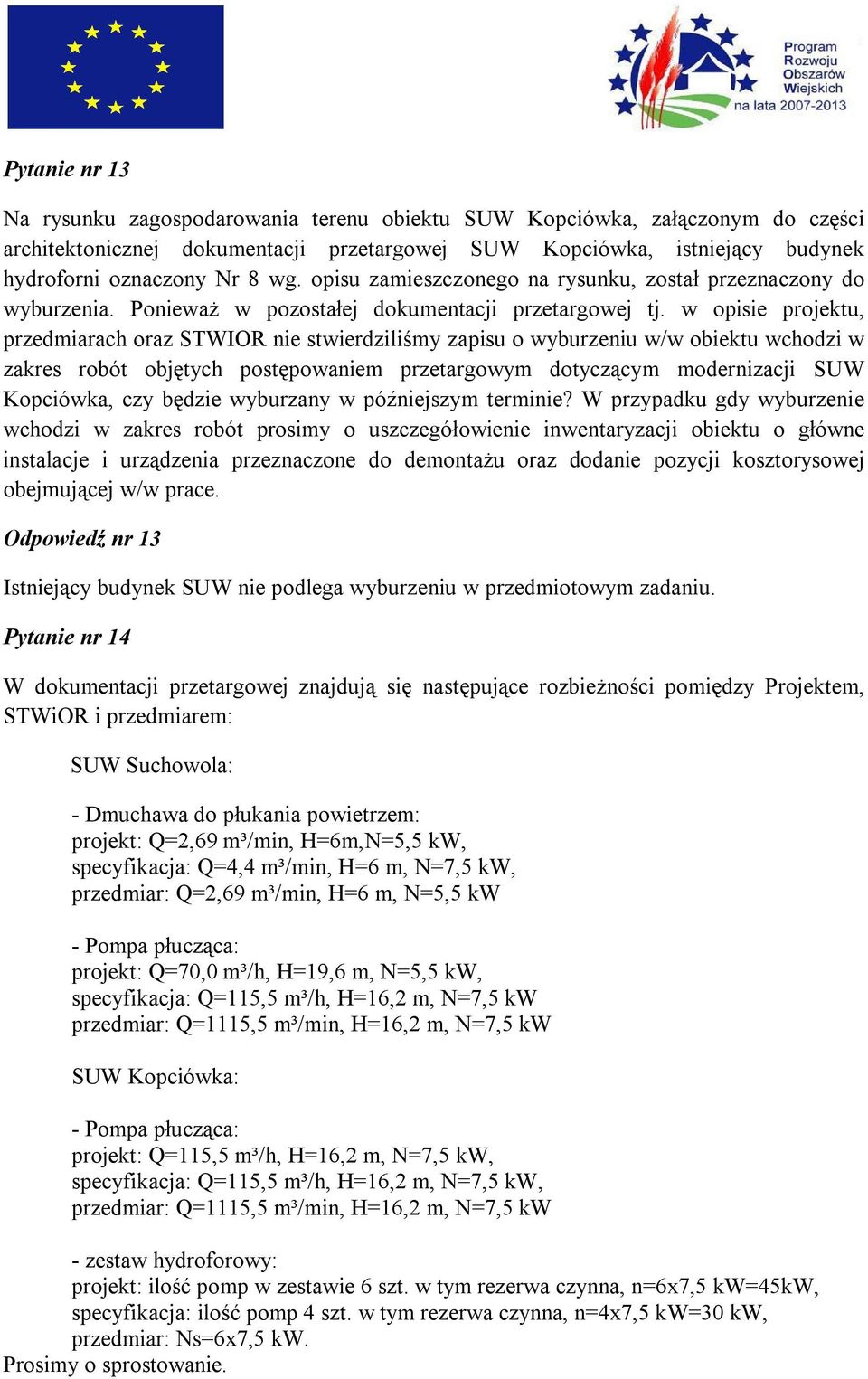 w opisie projektu, przedmiarach oraz STWIOR nie stwierdziliśmy zapisu o wyburzeniu w/w obiektu wchodzi w zakres robót objętych postępowaniem przetargowym dotyczącym modernizacji SUW Kopciówka, czy