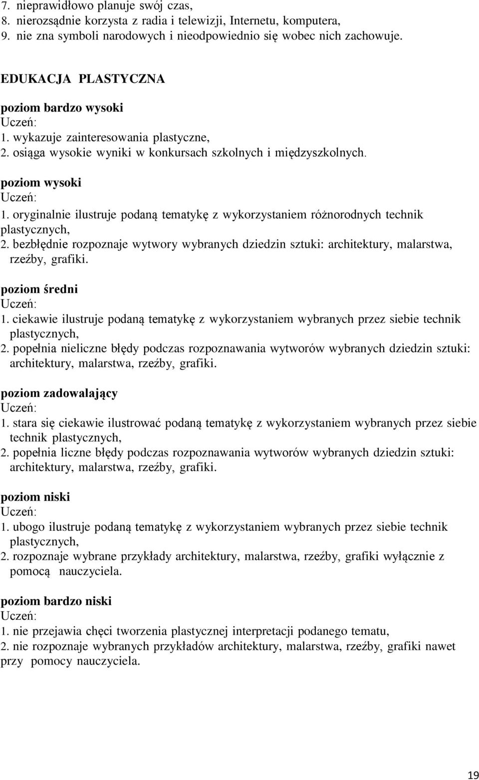 oryginalnie ilustruje podaną tematykę z wykorzystaniem różnorodnych technik plastycznych, 2. bezbłędnie rozpoznaje wytwory wybranych dziedzin sztuki: architektury, malarstwa, rzeźby, grafiki.