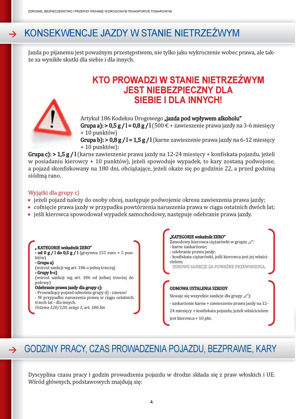 Artykuł 186 Kodeksu Drogowego jazda pod wpływem alkoholu Grupa a): 0,5 g / l = 0,8 g / l (500 + zawieszenie prawa jazdy na 3-6 miesięcy + 10 punktów) Grupa b): 0,8 g / l = 1,5 g / l (karne