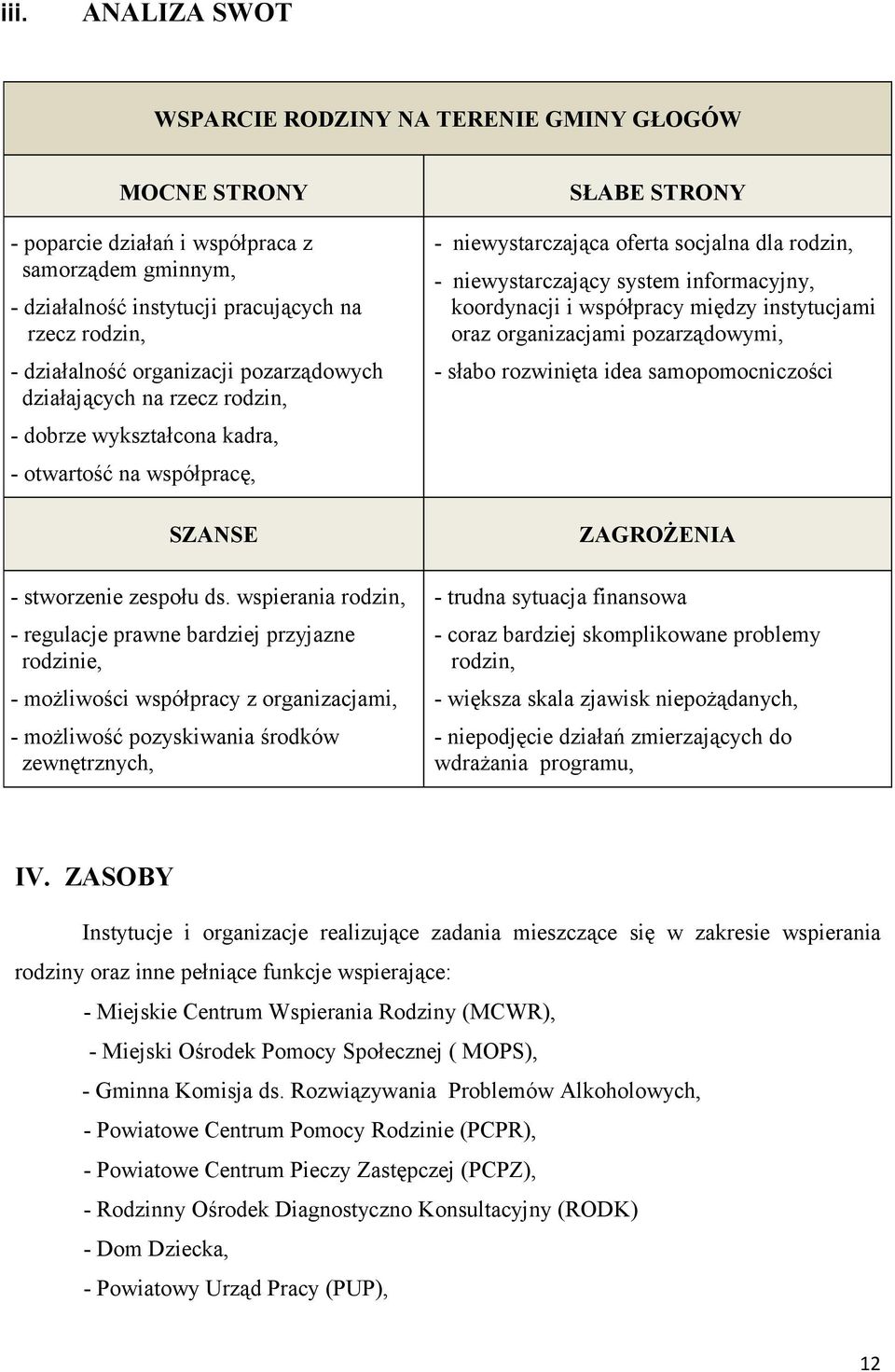 wspierania rodzin, - regulacje prawne bardziej przyjazne rodzinie, - możliwości współpracy z organizacjami, - możliwość pozyskiwania środków zewnętrznych, SŁABE STRONY - niewystarczająca oferta