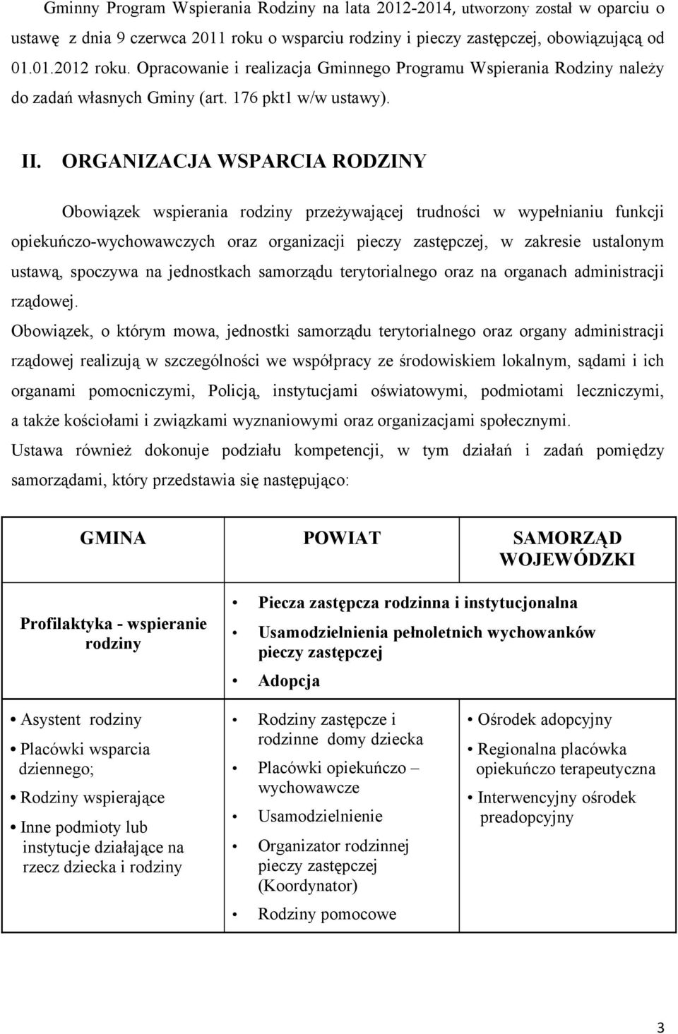 ORGANIZACJA WSPARCIA RODZINY Obowiązek wspierania rodziny przeżywającej trudności w wypełnianiu funkcji opiekuńczo-wychowawczych oraz organizacji pieczy zastępczej, w zakresie ustalonym ustawą,