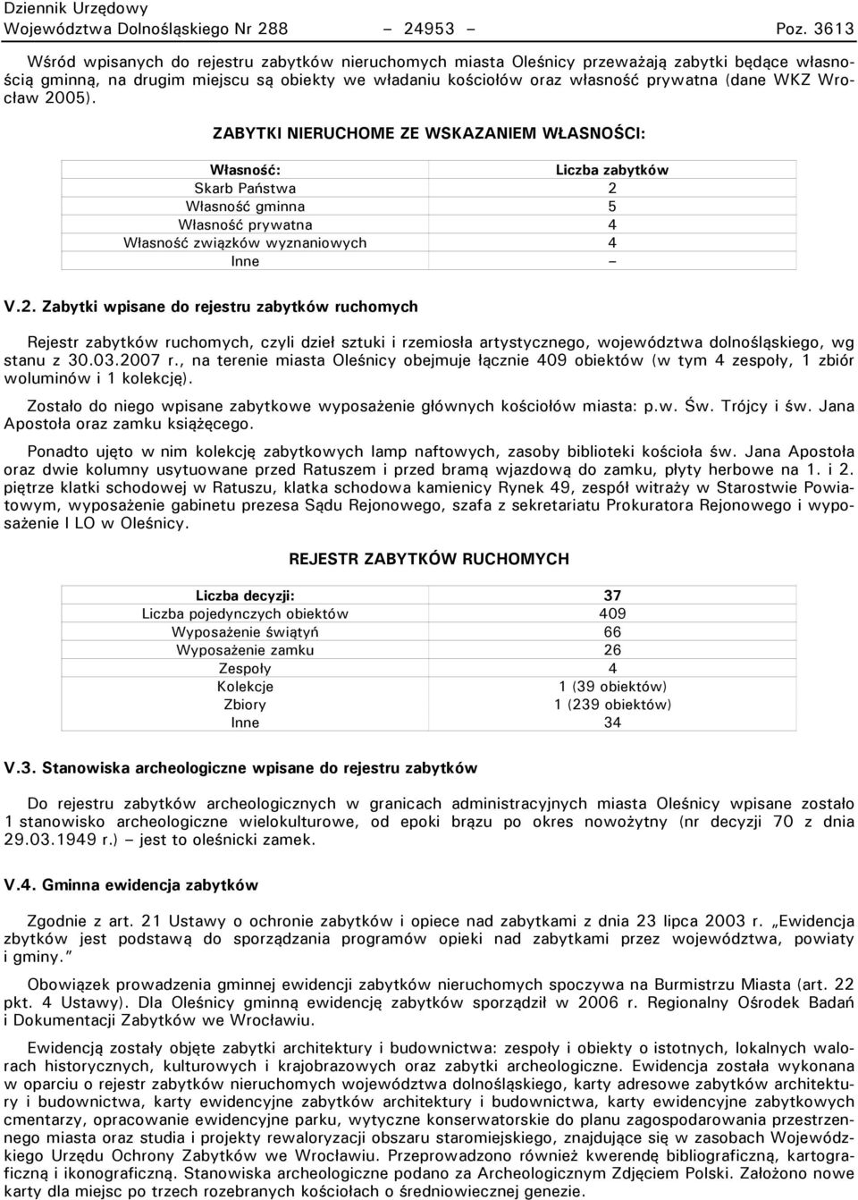 Wrocław 2005). ZABYTKI NIERUCHOME ZE WSKAZANIEM WŁASNOŚCI: WłasnowW: Liczba zabytków Skarb Państwa 2 Własność gminna 5 Własność prywatna 4 Własność związków wyznaniowych 4 Dnne V.2. Zabytki wpisane do rejestru zabytków ruchomych Rejestr zabytków ruchomych, czyli dzieł sztuki i rzemiosła artystycznego, województwa dolnośląskiego, wg stanu z 30.