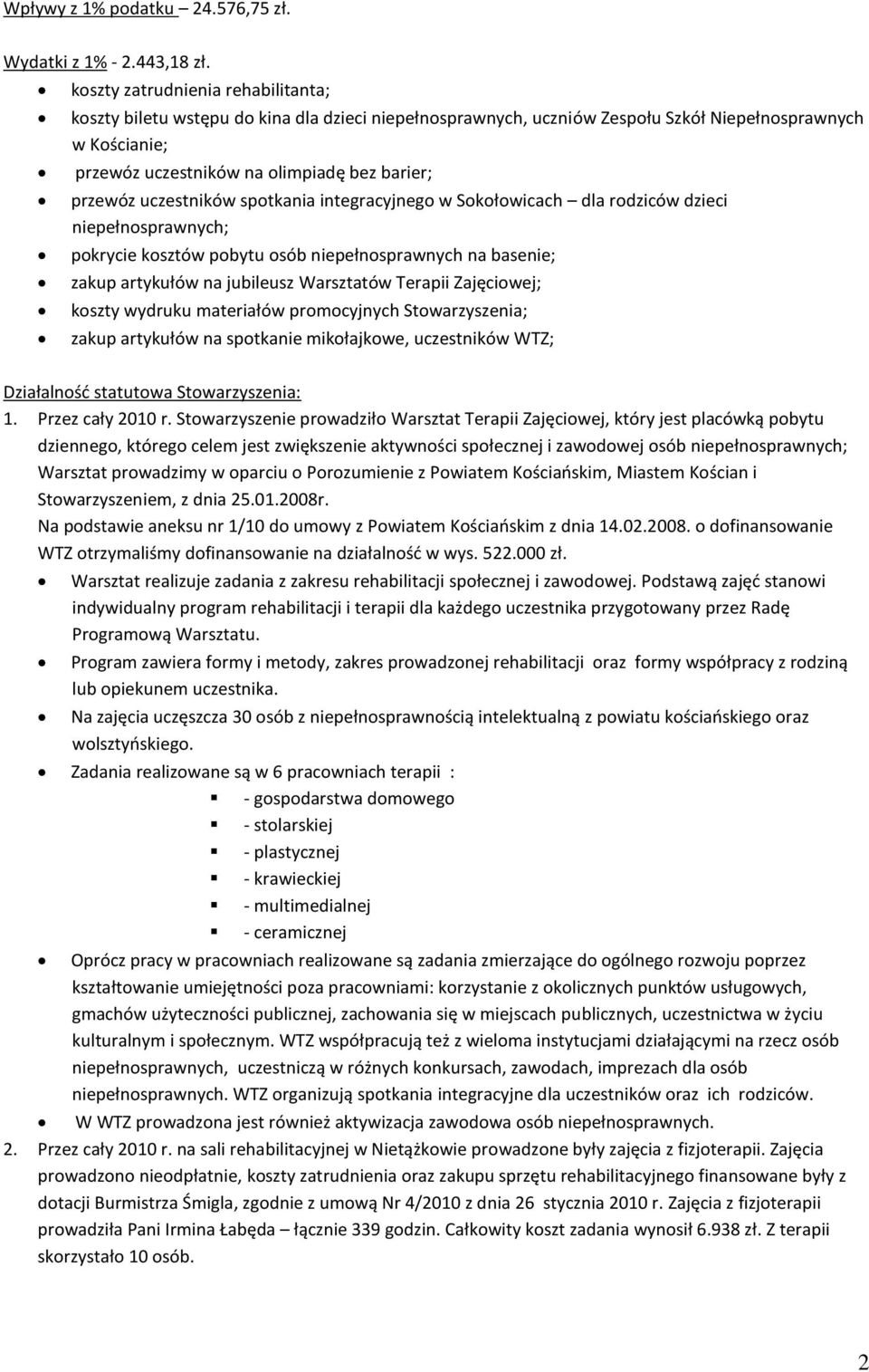 uczestników spotkania integracyjnego w Sokołowicach dla rodziców dzieci niepełnosprawnych; pokrycie kosztów pobytu osób niepełnosprawnych na basenie; zakup artykułów na jubileusz Warsztatów Terapii