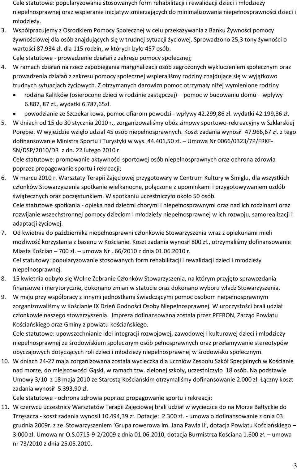 Sprowadzono 25,3 tony żywności o wartości 87.934 zł. dla 115 rodzin, w których było 457 osób. Cele statutowe - prowadzenie działao z zakresu pomocy społecznej; 4.
