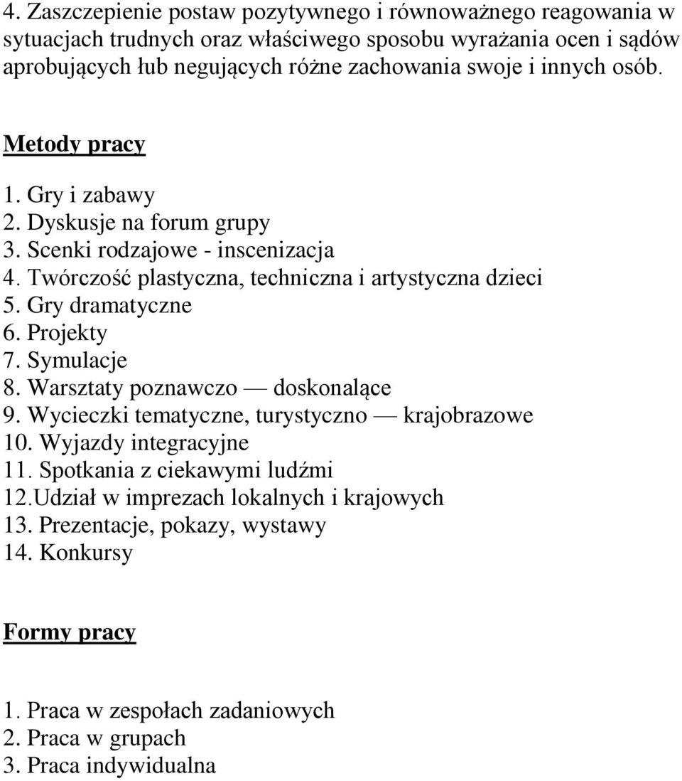 Gry dramatyczne 6. Projekty 7. Symulacje 8. Warsztaty poznawczo doskonalące 9. Wycieczki tematyczne, turystyczno krajobrazowe 10. Wyjazdy integracyjne 11.