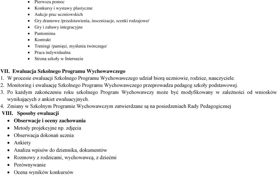 W procesie ewaluacji Szkolnego Programu Wychowawczego udział biorą uczniowie, rodzice, nauczyciele. 2. Monitoring i ewaluację Szkolnego Programu Wychowawczego przeprowadza pedagog szkoły podstawowej.