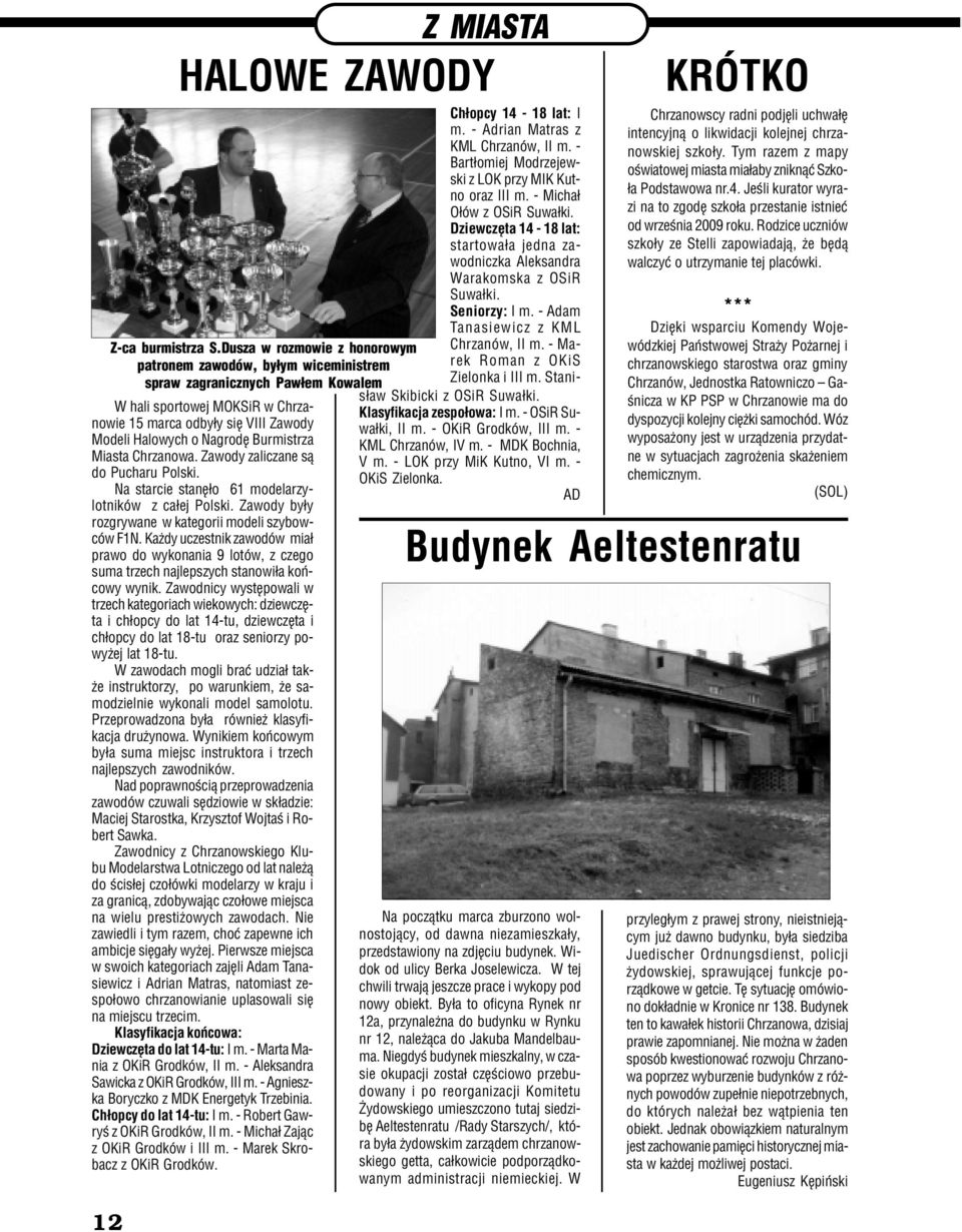 Burmistrza Miasta Chrzanowa. Zawody zaliczane s¹ do Pucharu Polski. Na starcie stanê³o 61 modelarzylotników z ca³ej Polski. Zawody by³y rozgrywane w kategorii modeli szybowców F1N.