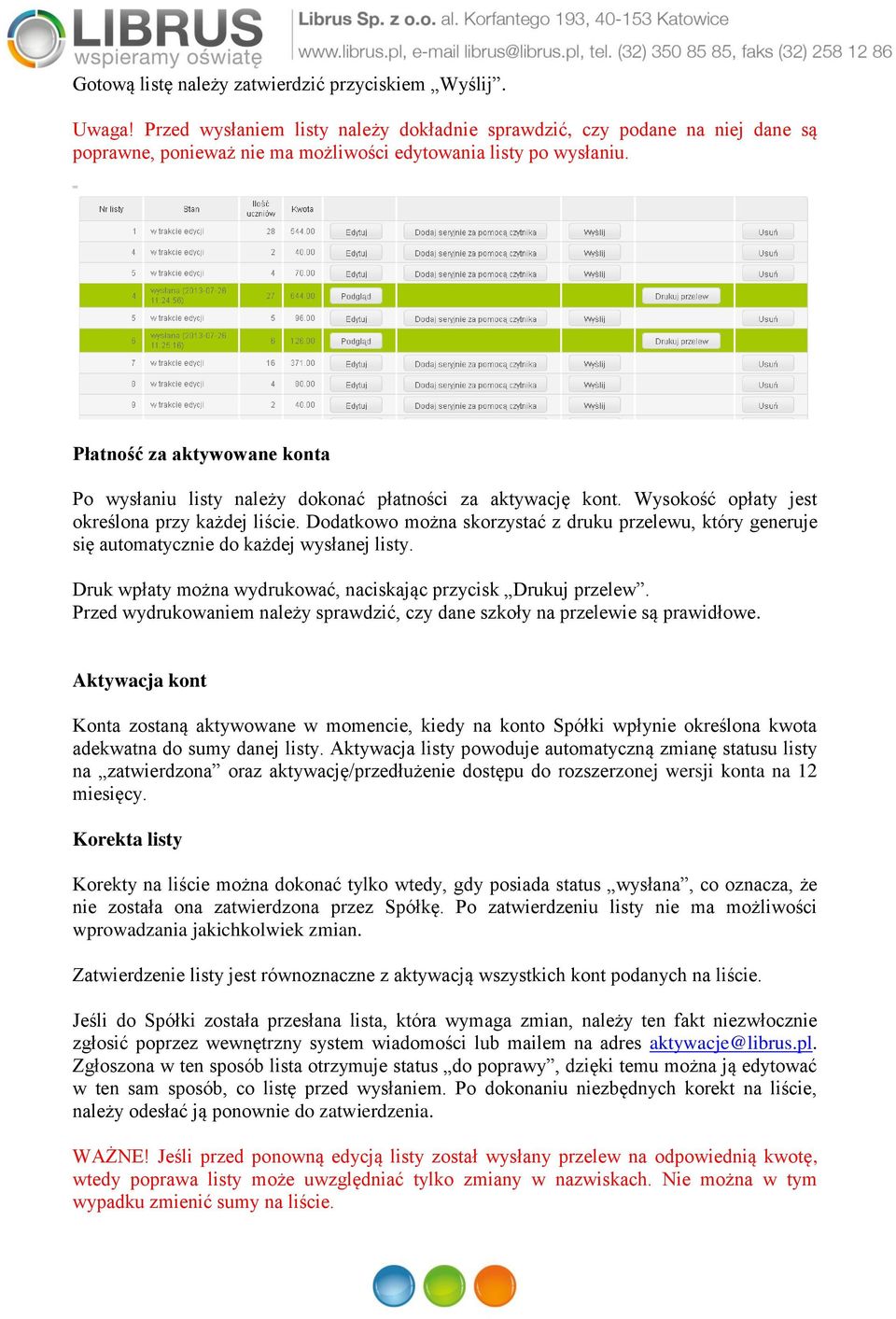 Płatność za aktywowane konta Po wysłaniu listy należy dokonać płatności za aktywację kont. Wysokość opłaty jest określona przy każdej liście.