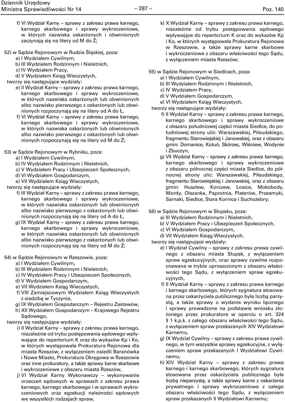 Wydział Karny sprawy z zakresu prawa karnego, w których nazwiska oskarżonych lub obwinionych albo nazwisko pierwszego z oskarżonych lub obwinionych rozpoczynają się na litery od M do Ż; 53) w Sądzie