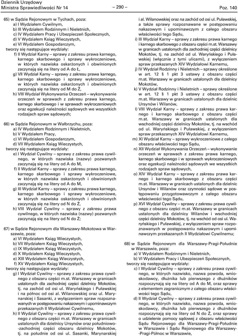 Wydziałem Rodzinnym i Nieletnich, b) V Wydziałem Pracy, c) VI Wydziałem Gospodarczym, d) VII Wydziałem Ksiąg Wieczystych, e) I Wydział Cywilny sprawy z zakresu prawa cywilnego, w których nazwiska