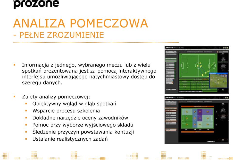 Zalety analizy pomeczowej: Obiektywny wgląd w głąb spotkań Wsparcie procesu szkolenia Dokładne narzędzie