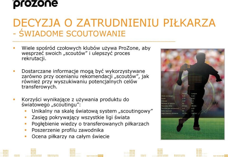 Dostarczane informacje mogą być wykorzystywane zarówno przy ocenianiu rekomendacji scoutów, jak również przy wyszukiwaniu potencjalnych celów