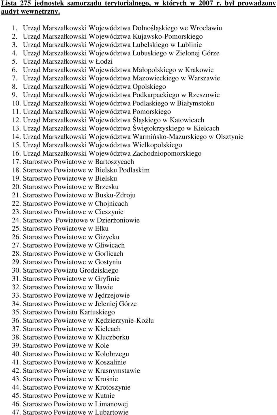 Urząd Marszałkowski w Łodzi 6. Urząd Marszałkowski Województwa Małopolskiego w Krakowie 7. Urząd Marszałkowski Województwa Mazowieckiego w Warszawie 8. Urząd Marszałkowski Województwa Opolskiego 9.