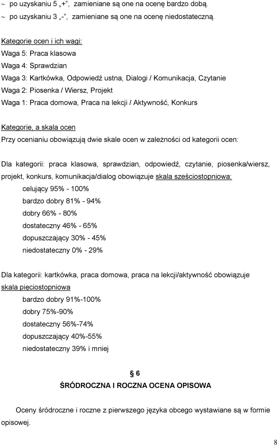 na lekcji / Aktywność, Konkurs Kategorie, a skala ocen Przy ocenianiu obowiązują dwie skale ocen w zależności od kategorii ocen: Dla kategorii: praca klasowa, sprawdzian, odpowiedź, czytanie,