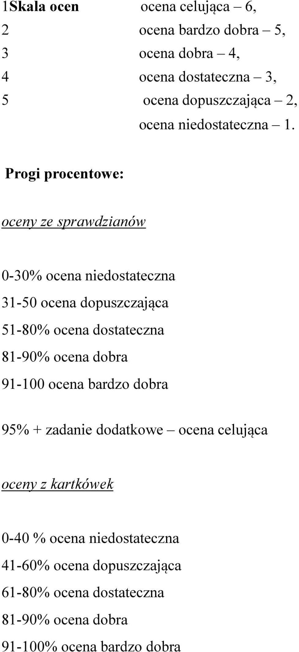 Progi procentowe: oceny ze sprawdzianów 0-30% ocena niedostateczna 31-50 ocena dopuszczająca 51-80% ocena dostateczna