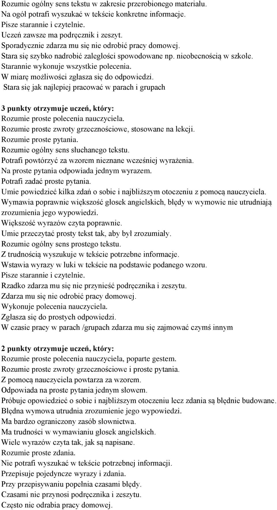 W miarę możliwości zgłasza się do odpowiedzi. Stara się jak najlepiej pracować w parach i grupach 3 punkty otrzymuje uczeń, który: Rozumie proste polecenia nauczyciela.