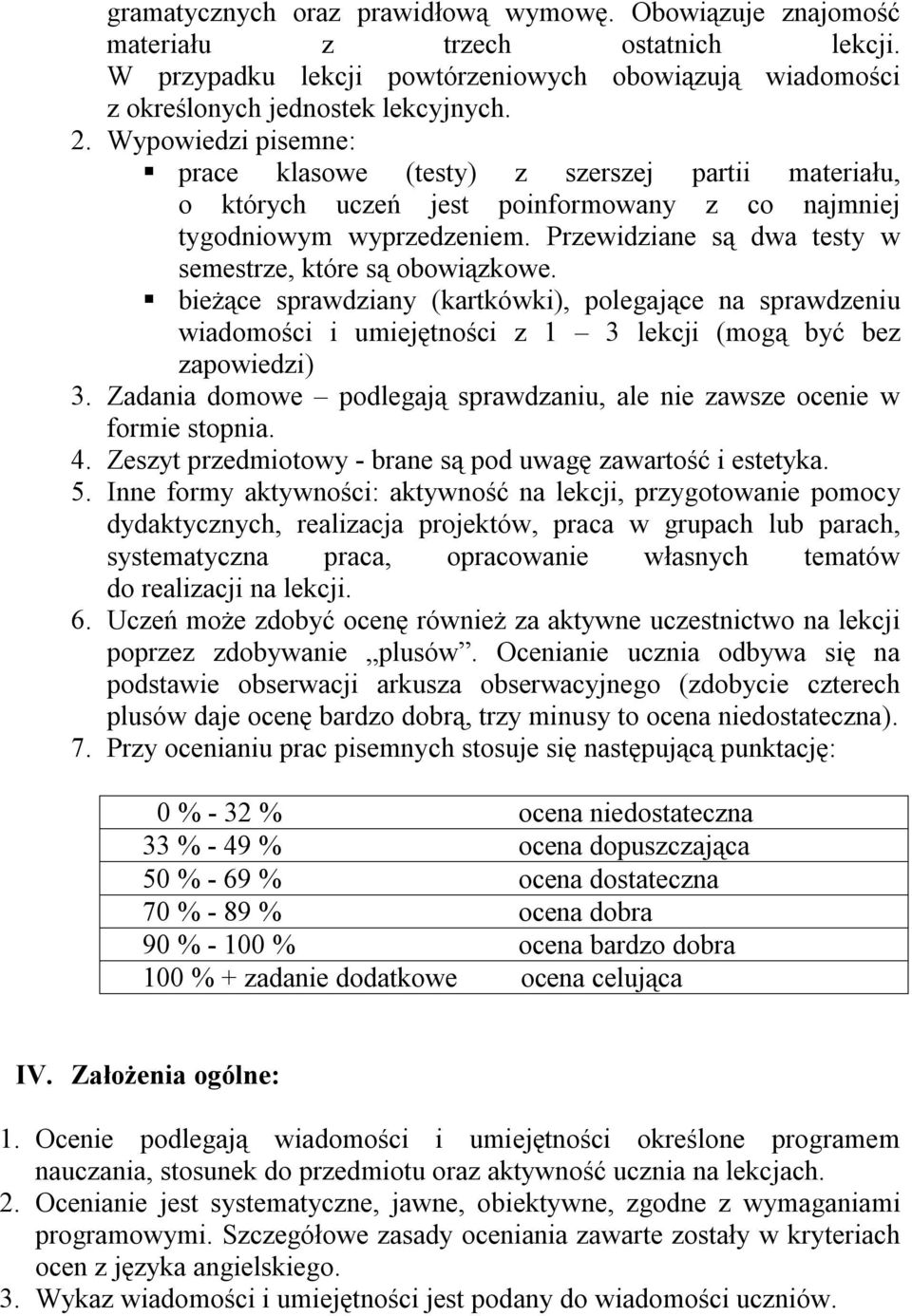 Przewidziane są dwa testy w semestrze, które są obowiązkowe. bieżące sprawdziany (kartkówki), polegające na sprawdzeniu wiadomości i umiejętności z 1 3 lekcji (mogą być bez zapowiedzi) 3.