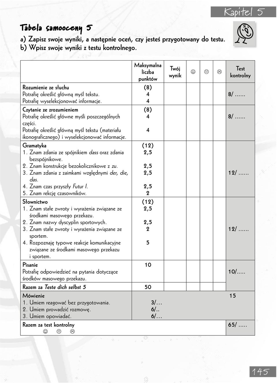 .. Czytanie ze zrozumieniem Potrafię określić główne myśli poszczególnych części. Potrafię określić główną myśl tekstu (materiału ikonograficznego) i wyselekcjonować informacje. (8) 8/... Gramatyka 1.