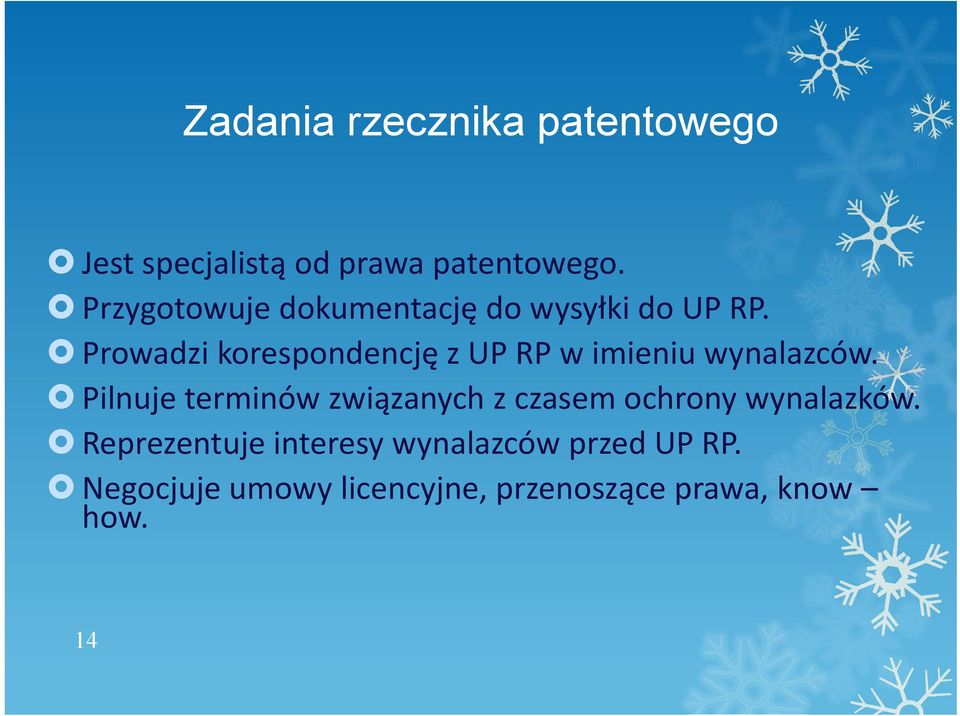 Prowadzi korespondencję z UP RP w imieniu wynalazców.