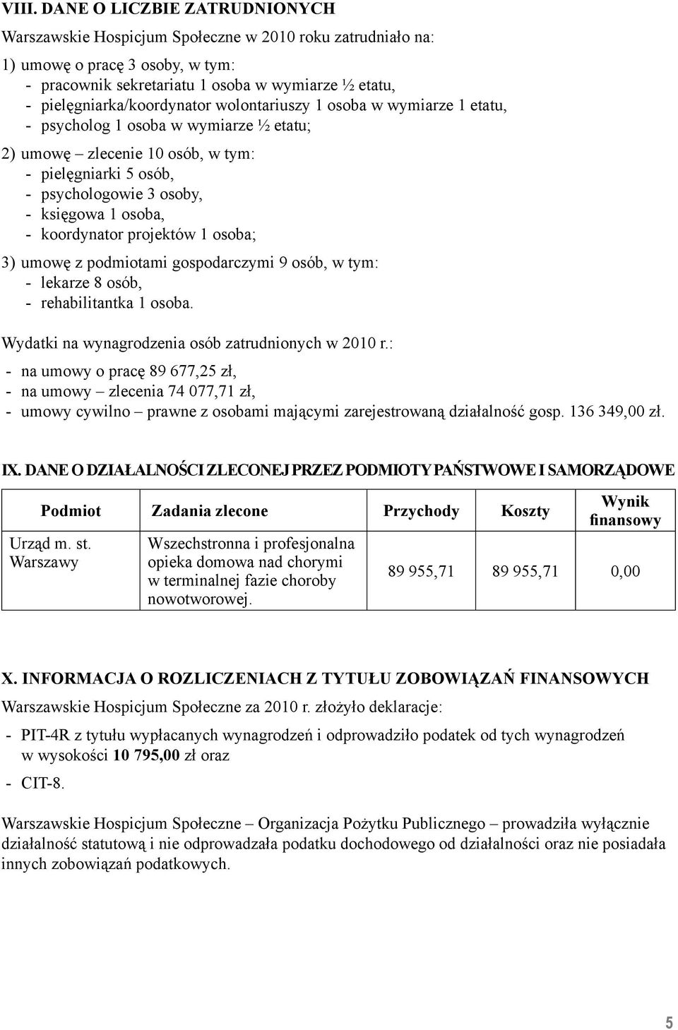 1 osoba, - koordynator projektów 1 osoba; 3) umowę z podmiotami gospodarczymi 9 osób, w tym: - lekarze 8 osób, - rehabilitantka 1 osoba. Wydatki na wynagrodzenia osób zatrudnionych w 2010 r.