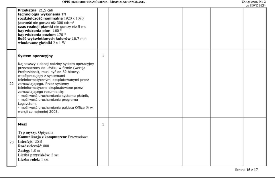 7 mln wbudowane głośniki x 1 W OPIS PRZEDMIOTU ZAMÓWIENIA - MINIMALNE WYMAGANIA ZAŁĄCZNIK NR System operacyjny 1 Najnowszy z danej rodziny system operacyjny przeznaczony do użytku w firmie (wersja