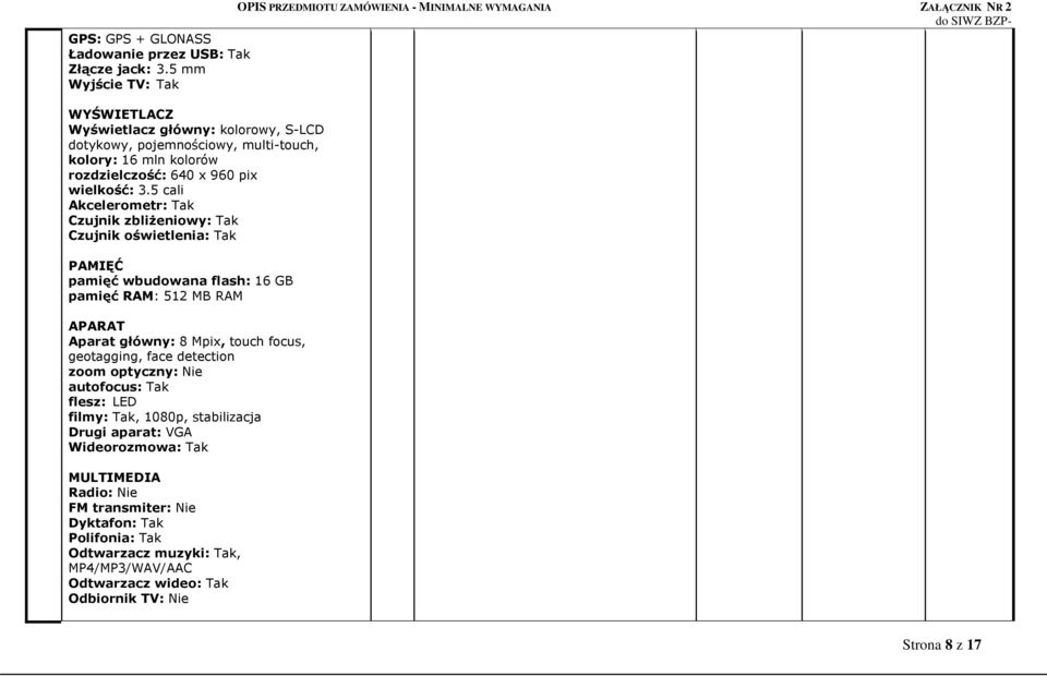 5 cali Akcelerometr: Tak Czujnik zbliżeniowy: Tak Czujnik oświetlenia: Tak PAMIĘĆ pamięć wbudowana flash: 16 GB pamięć RAM: 51 MB RAM APARAT Aparat główny: 8 Mpix, touch focus, geotagging,