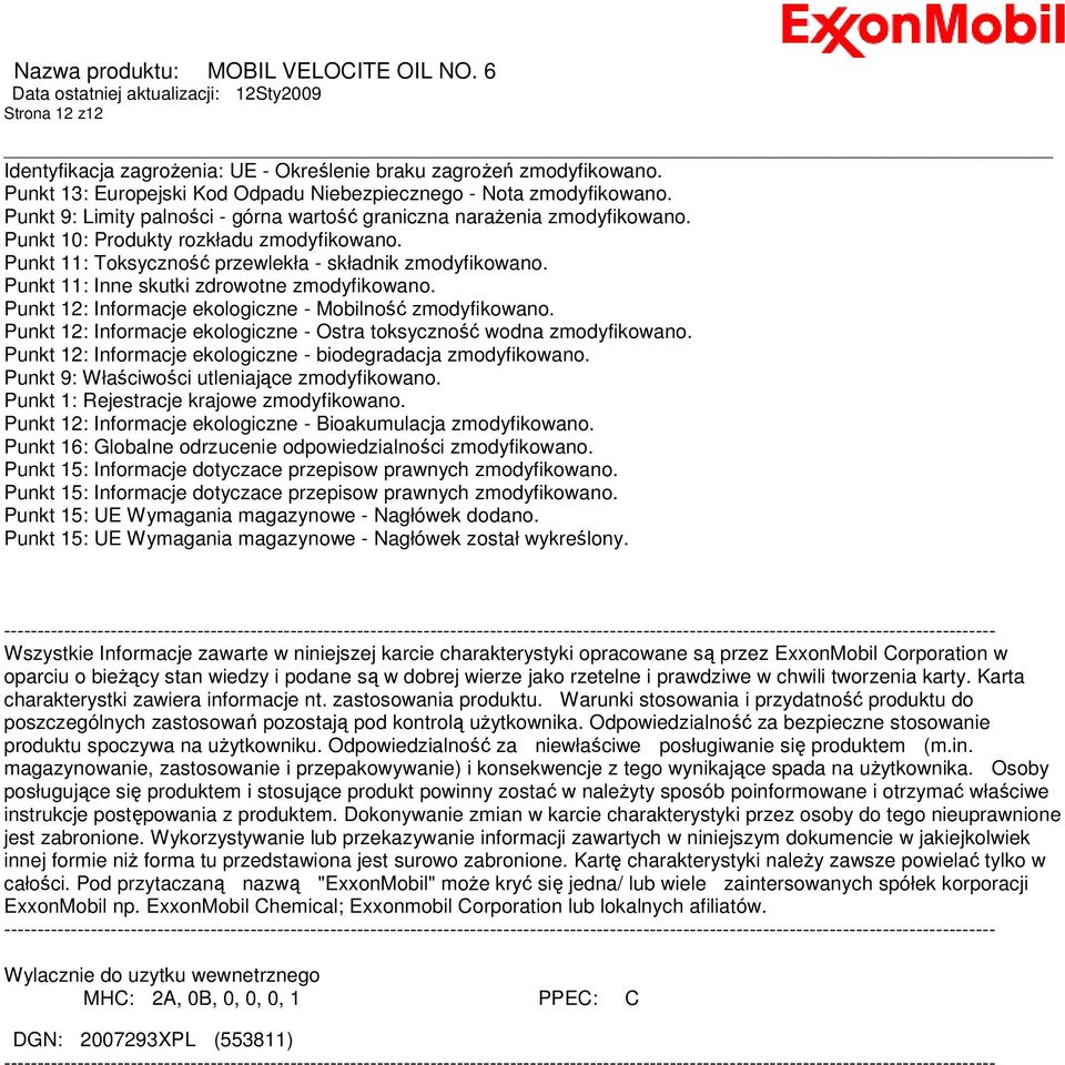 Punkt 11: Inne skutki zdrowotne zmodyfikowano. Punkt 12: Informacje ekologiczne - Mobilność zmodyfikowano. Punkt 12: Informacje ekologiczne - Ostra toksyczność wodna zmodyfikowano.