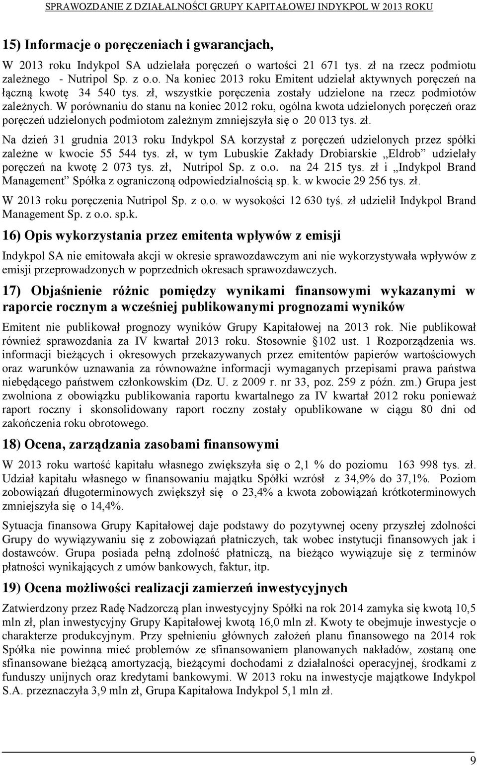 W porównaniu do stanu na koniec 2012 roku, ogólna kwota udzielonych poręczeń oraz poręczeń udzielonych podmiotom zależnym zmniejszyła się o 20 013 tys. zł.