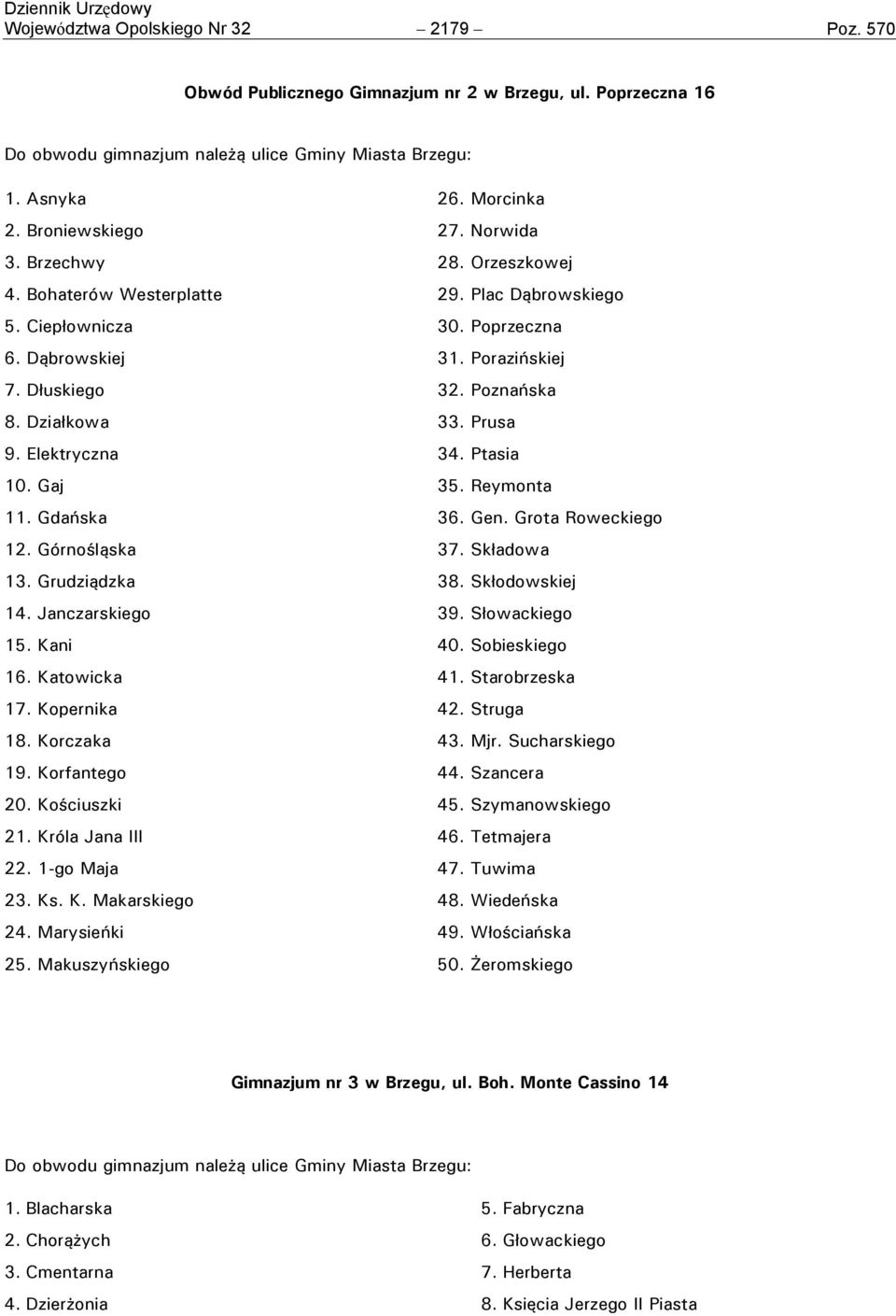 Działkowa 33. Prusa 9. Elektryczna 34. Ptasia 10. Gaj 35. Reymonta 11. Gdańska 36. Gen. Grota Roweckiego 12. Górnośląska 37. Składowa 13. Grudziądzka 38. Skłodowskiej 14. Janczarskiego 39.