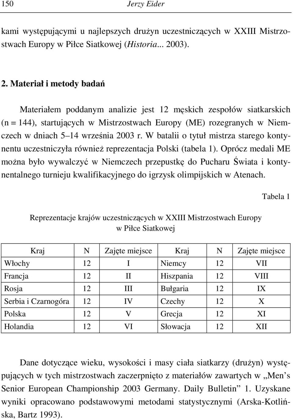 Materiał i metody badań Materiałem poddanym analizie jest 12 męskich zespołów siatkarskich (n = 144), startujących w Mistrzostwach Europy (ME) rozegranych w Niemczech w dniach 5 14 września 2003 r.