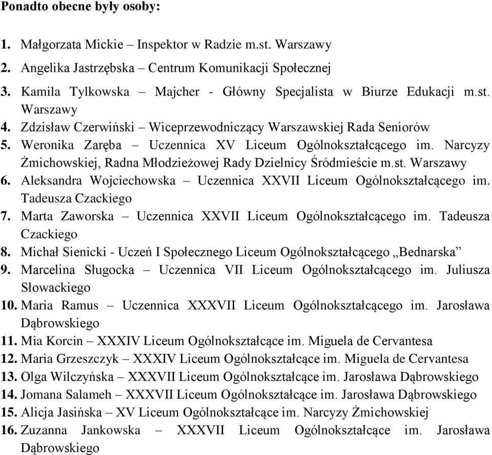 Weronika Zaręba Uczennica XV Liceum Ogólnokształcącego im. Narcyzy Żmichowskiej, Radna Młodzieżowej Rady Dzielnicy Śródmieście m.st. Warszawy 6.