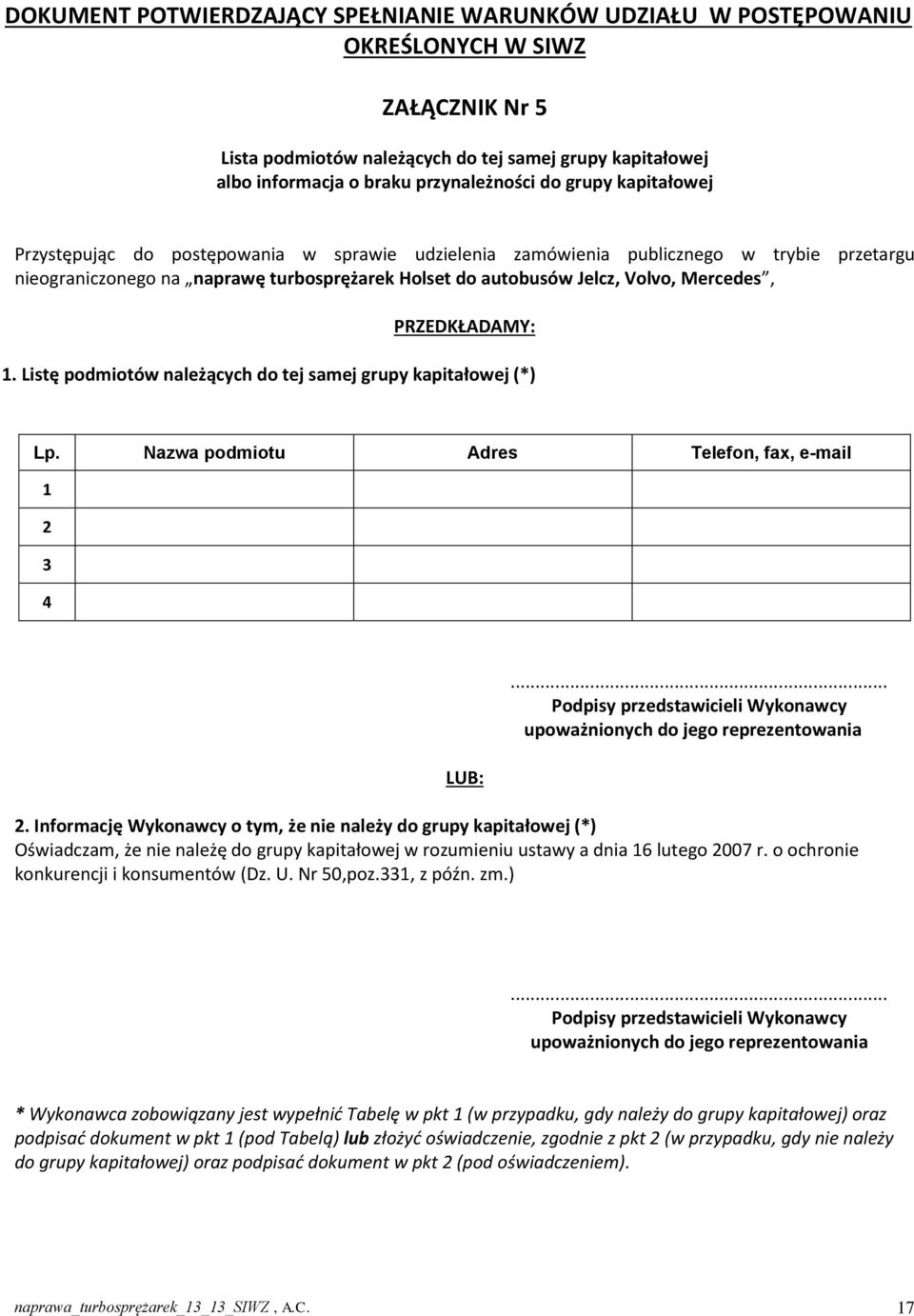 PRZEDKŁADAMY: 1. Listę podmiotów należących do tej samej grupy kapitałowej (*) Lp. Nazwa podmiotu Adres Telefon, fax, e-mail 1 2 3 4.
