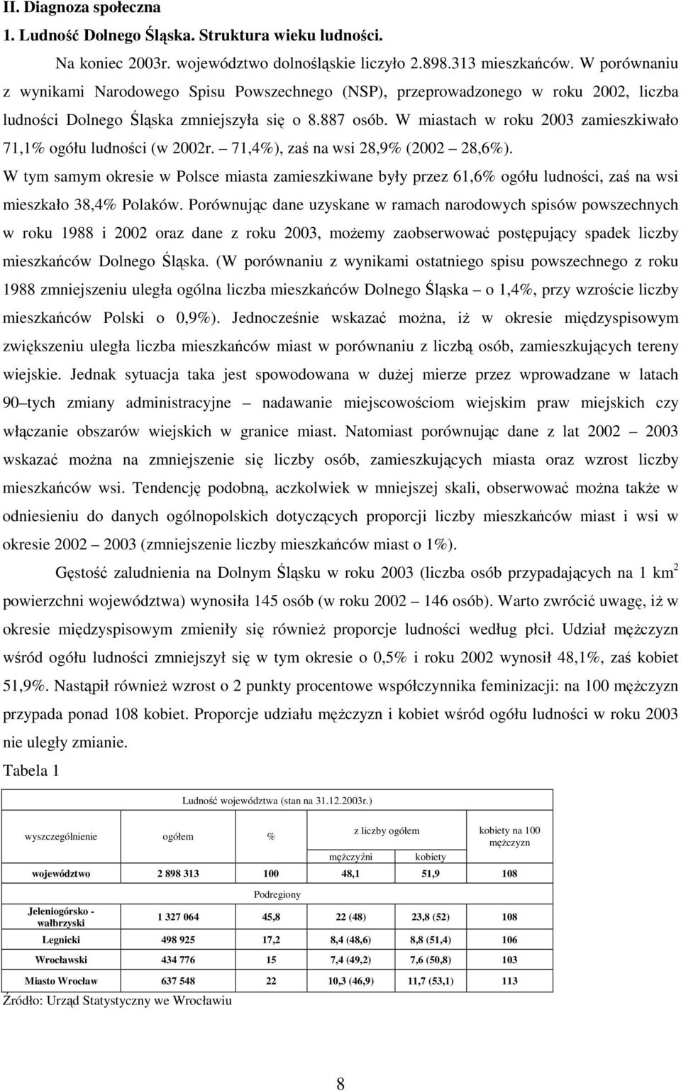 W miastach w roku 2003 zamieszkiwało 71,1% ogółu ludności (w 2002r. 71,4%), zaś na wsi 28,9% (2002 28,6%).