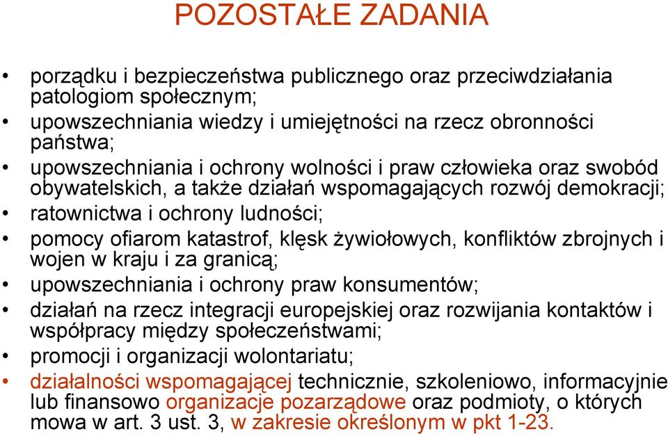 zbrojnych i wojen w kraju i za granicą; upowszechniania i ochrony praw konsumentów; działań na rzecz integracji europejskiej oraz rozwijania kontaktów i współpracy między społeczeństwami; promocji i