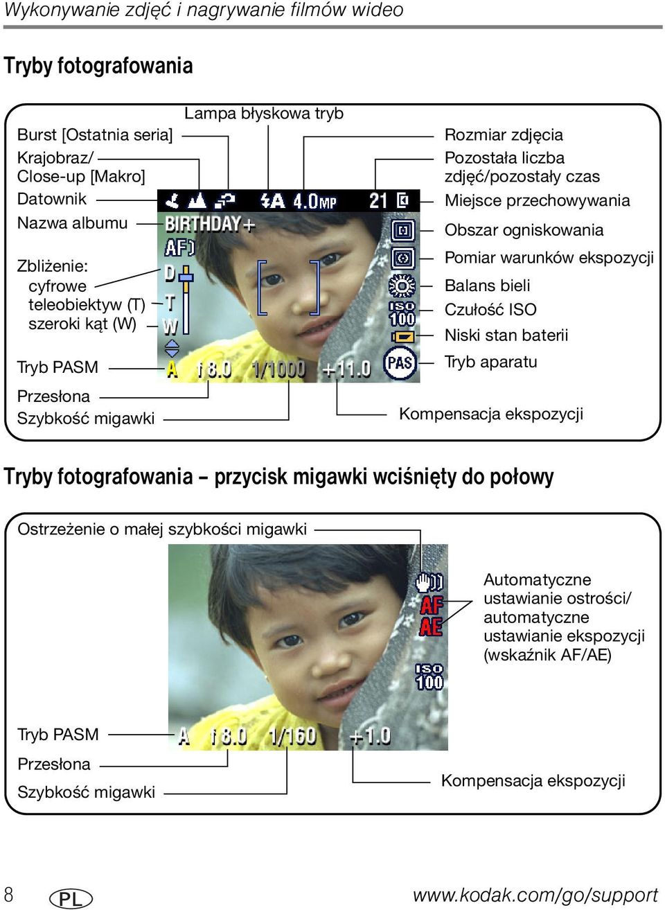 warunków ekspozycji Balans bieli Czułość ISO Niski stan baterii Tryb aparatu Kompensacja ekspozycji Tryby fotografowania przycisk migawki wciśnięty do połowy Ostrzeżenie o małej