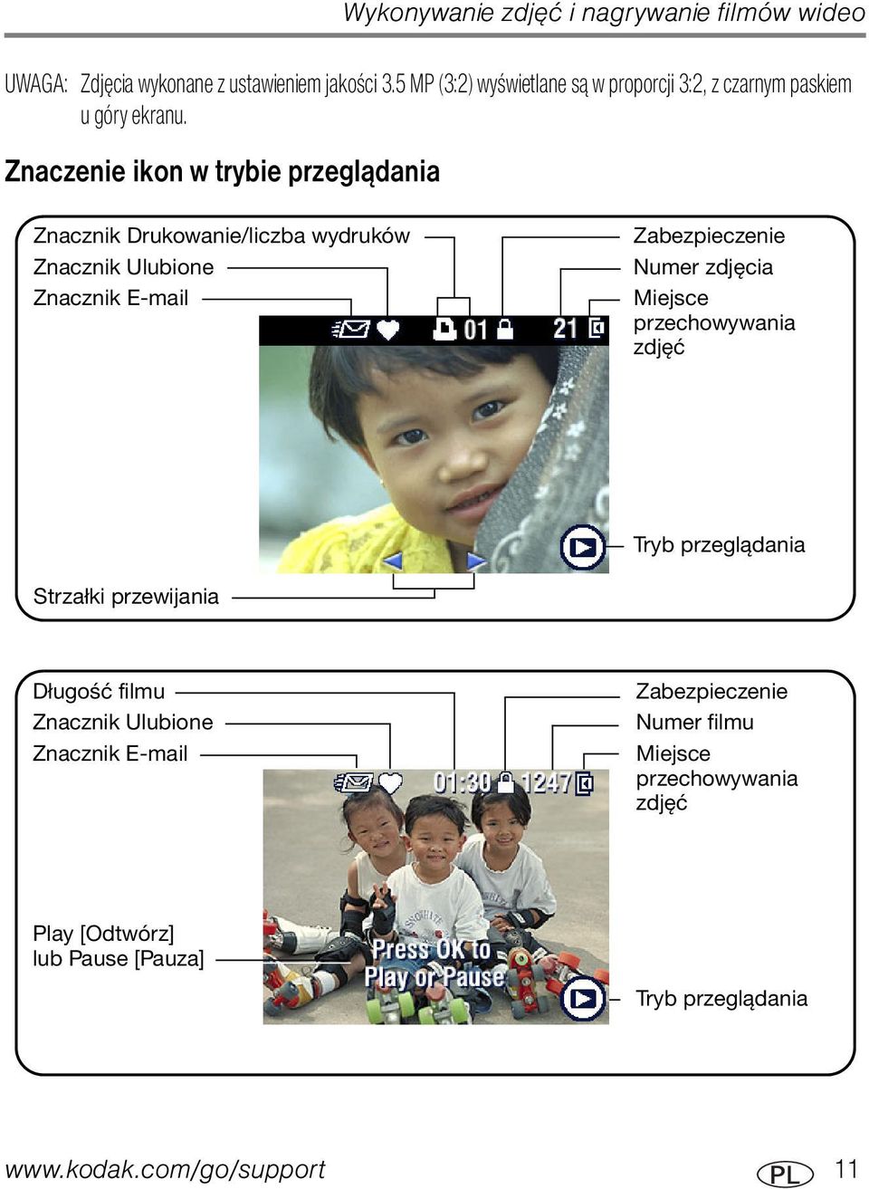 Znaczenie ikon w trybie przeglądania Znacznik Drukowanie/liczba wydruków Znacznik Ulubione Znacznik E-mail Zabezpieczenie Numer zdjęcia
