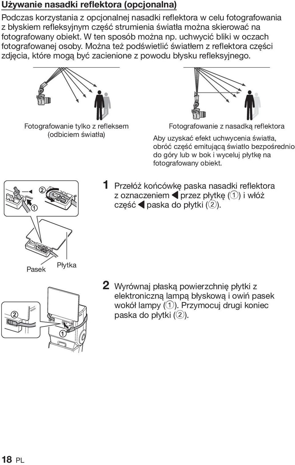 Fotografowanie tylko z refleksem (odbiciem światła) Fotografowanie z nasadką reflektora Aby uzyskać efekt uchwycenia światła, obróć część emitującą światło bezpośrednio do góry lub w bok i wyceluj