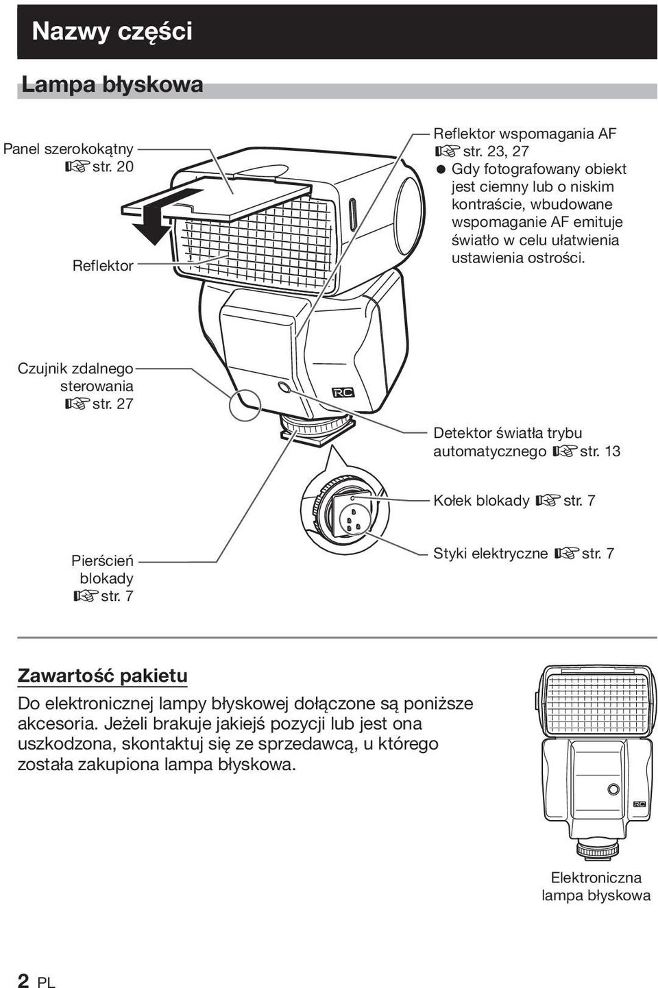 Czujnik zdalnego sterowania gstr. 27 Detektor światła trybu automatycznego gstr. 13 Kołek blokady gstr. 7 Pierścień blokady gstr. 7 Styki elektryczne gstr.