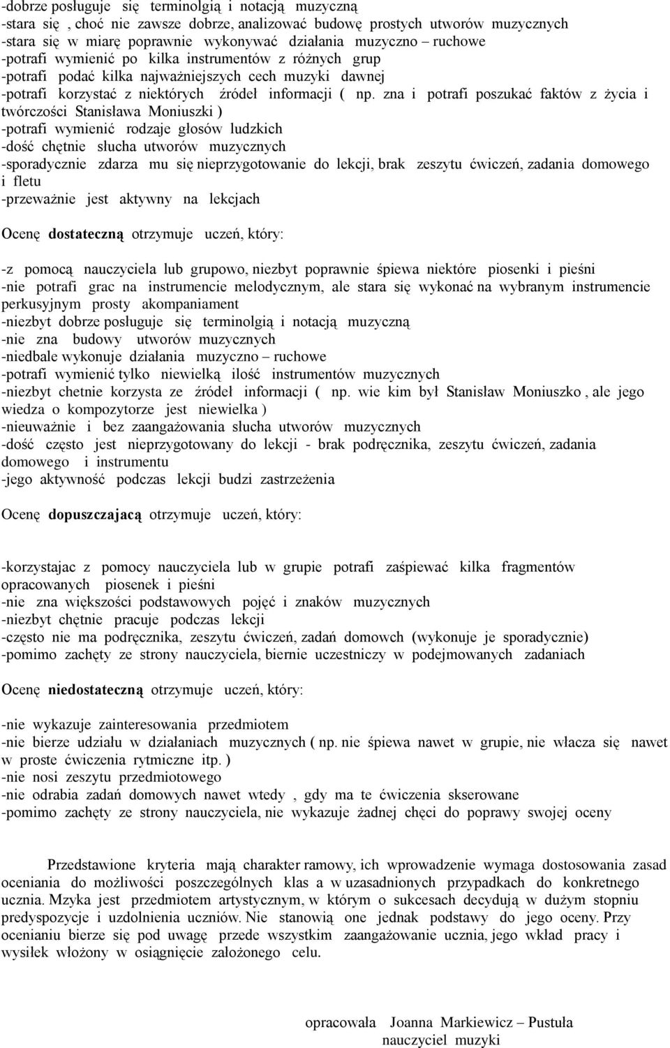 zna i potrafi poszukać faktów z życia i twórczości Stanisława Moniuszki ) -potrafi wymienić rodzaje głosów ludzkich -dość chętnie słucha utworów muzycznych -sporadycznie zdarza mu się